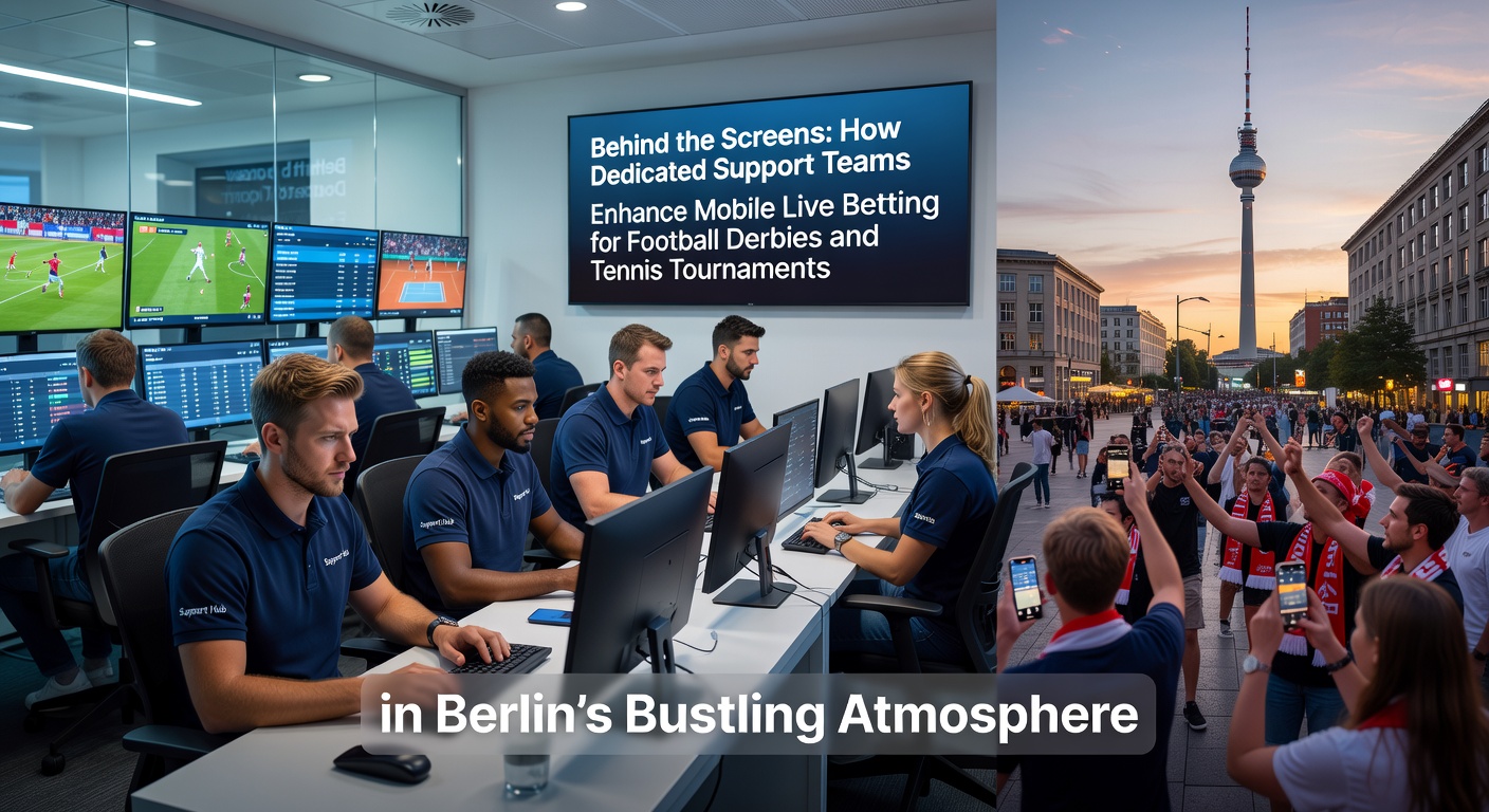 Support-Team-Mitarbeiter bei der Bearbeitung von Live-Wetten-Anfragen während eines Berliner Fußball-Derbys auf mobilen Geräten