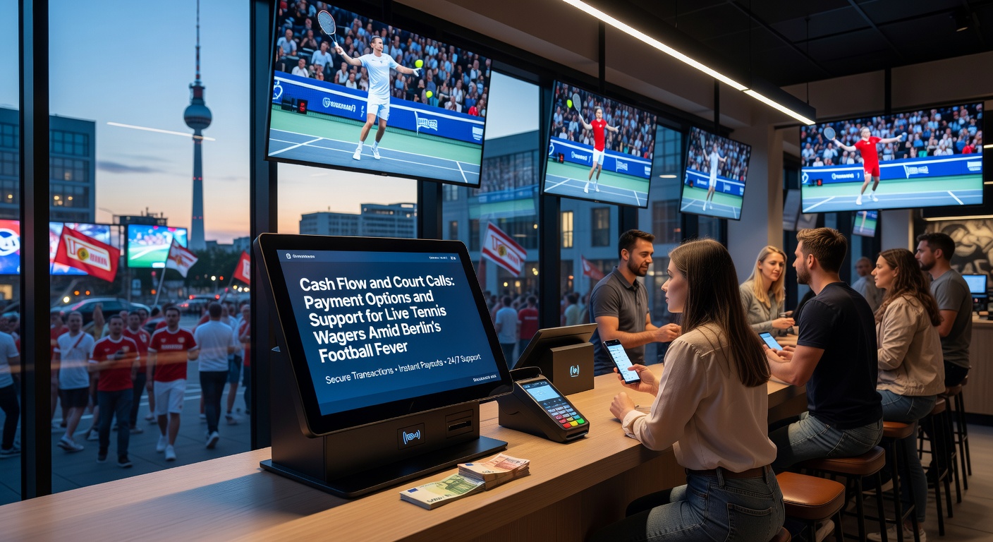 Live-Tennis-Match auf einem Court in Berlin mit Zuschauern und Wettdisplays im Hintergrund, während Fußballfans jubeln