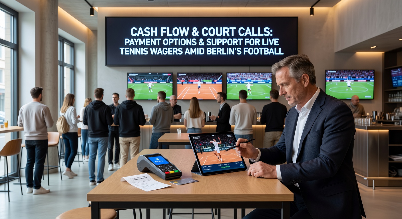 Smartphone mit Tennis-Livewette-App, Zahlungsoptionen wie PayPal und Sofort sichtbar, Berliner Skyline im Hintergrund