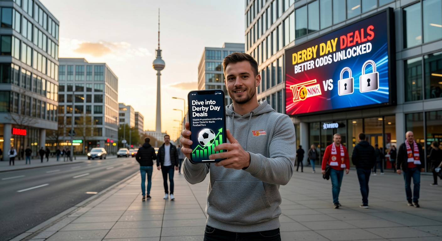 Berliner Fußballfans jubeln beim Derby, mit Smartphones in der Hand, während Stadionlichter die Szene erhellen