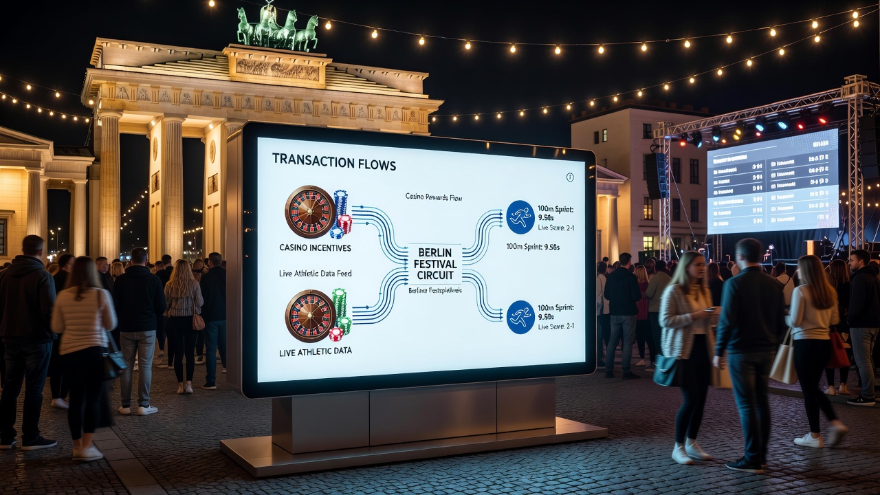 Nachtaufnahme von Berliner Festivalgelände mit beleuchteten Ständen und digitalen Transaktionspunkten während eines Sommerereignisses
