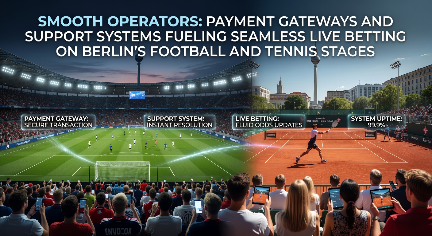 Live-Wetten-Szene bei einem Berliner Fußballspiel mit Tennis-Elementen im Hintergrund, Zahlungs-Apps und Support-Chats sichtbar