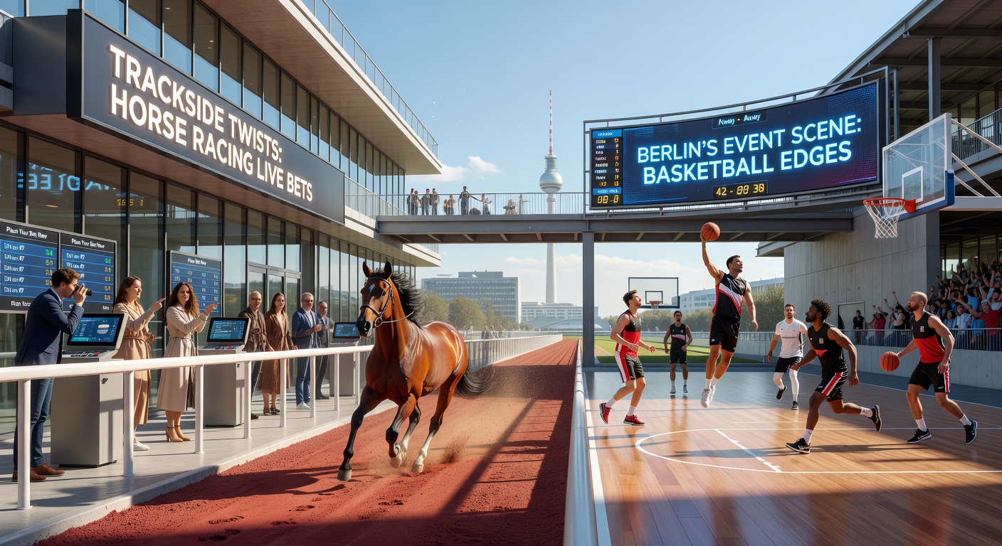 Pferderennen auf der Hoppegarten-Bahn in Berlin mit Zuschauern und Live-Wettaktionen